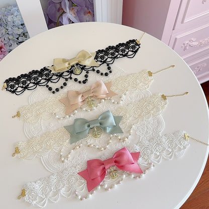 4 Color Options Beaded And Crown Pendant Bowknot Lace Choker