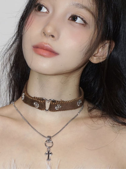 Punk Cross Pendant Double-Layered Brown Choker