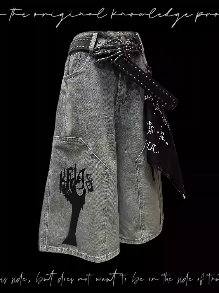 Light Blue Punk Distressed Wide-Leg Jeans