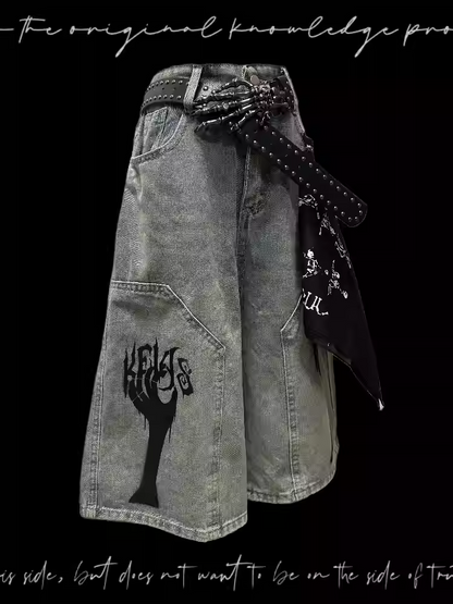 Light Blue Punk Distressed Wide-Leg Jeans