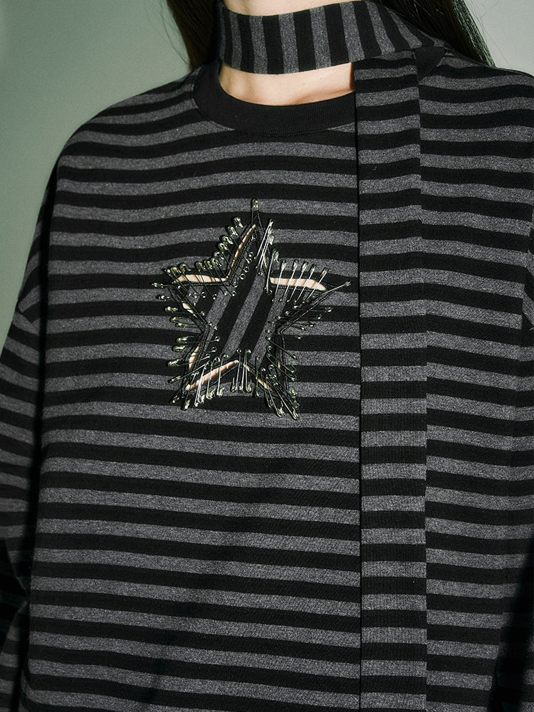 Black and Gray Striped Punk Pins Star Loose Long Sleeves Top