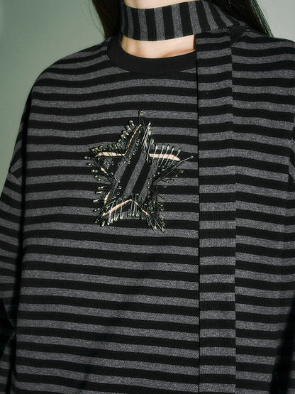 Black and Gray Striped Punk Pins Star Loose Long Sleeves Top