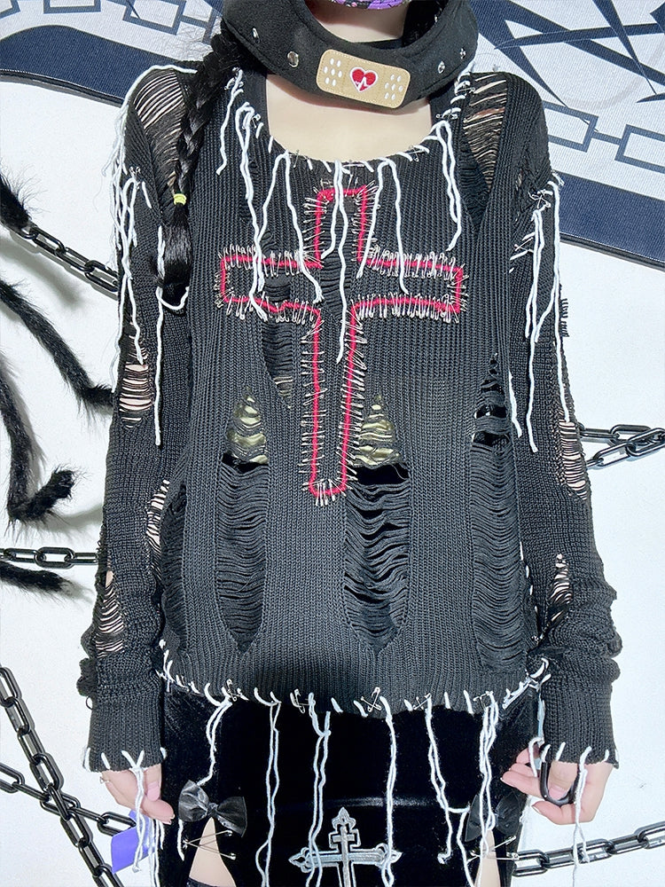 Pins Decorated Black Distressed Holes Punk Cross Sweater
