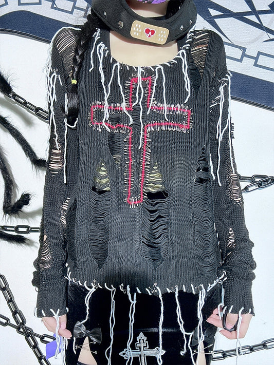 Pins Decorated Black Distressed Holes Punk Cross Sweater