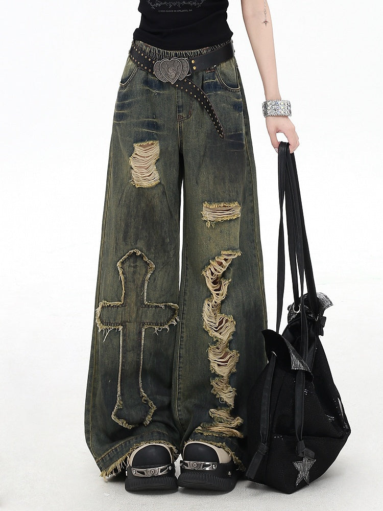 Y2K Cross Applique Blue Distressed Holes Vintage Wide-Leg Jeans