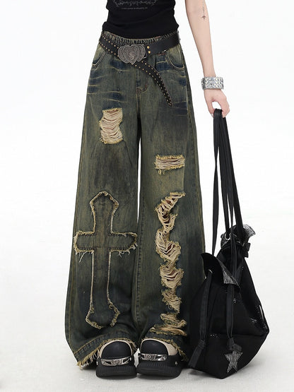 Y2K Cross Applique Blue Distressed Holes Vintage Wide-Leg Jeans