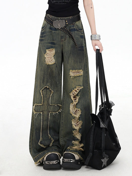 Y2K Cross Applique Blue Distressed Holes Vintage Wide-Leg Jeans