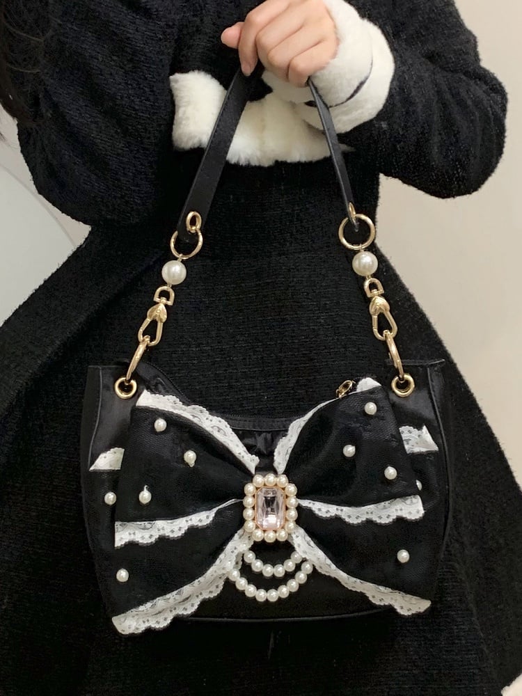 Beads & Rhinestone Decor Bow Accent Satin Black Shoulder Bag in Sweet Lolita