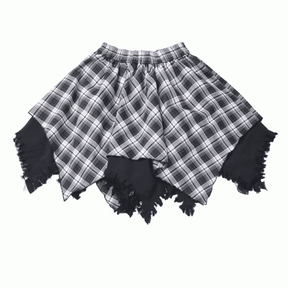 Frayed Handkerchief Hem Blue & White /Black & White Plaid Skirt