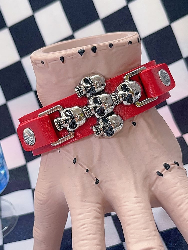 Black/White/Red PU Y2K Punk Metal Skull Cross Bracelet