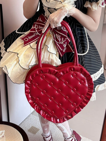 Red Ruffles Trim Heart-shaped Hand Bag