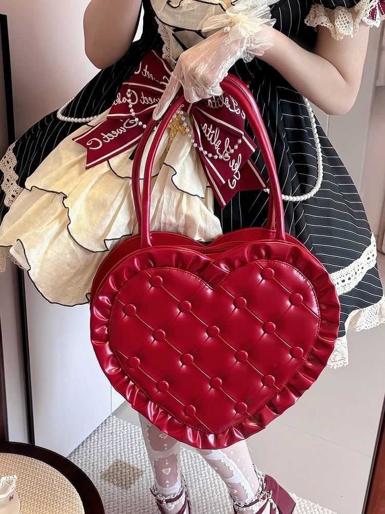 Red Quilted PU Heart Lolita Bag with Ruffle Trim