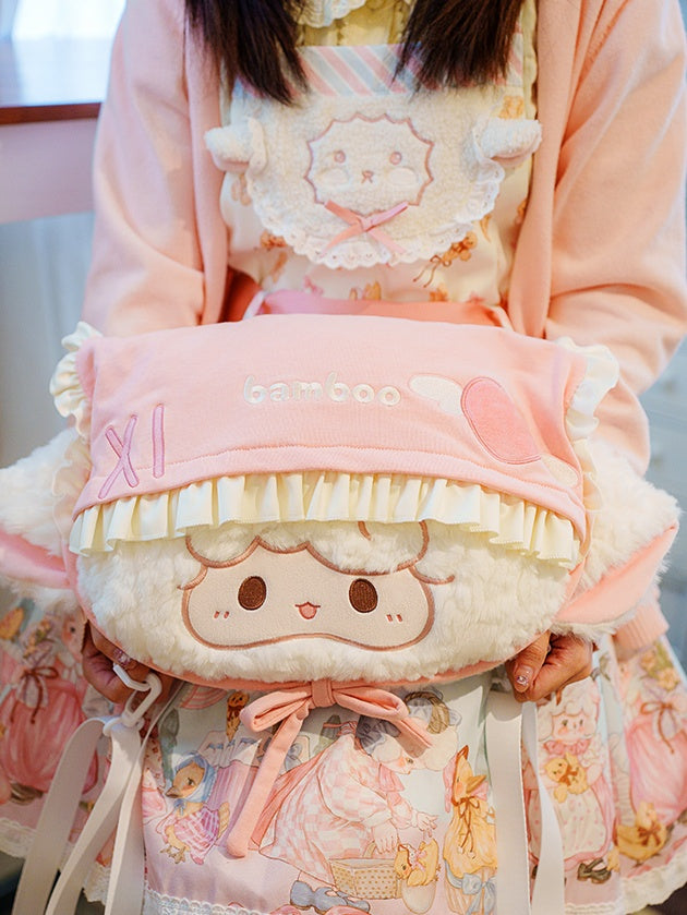 White&Pink Lamb-shaped Bowknot Plush Backpack