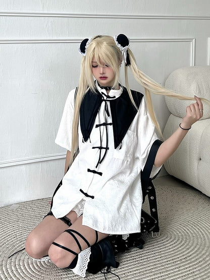 White Long/Short Sleeves Cheongsam Blouse with Detachable Collar and Subtle Pattern