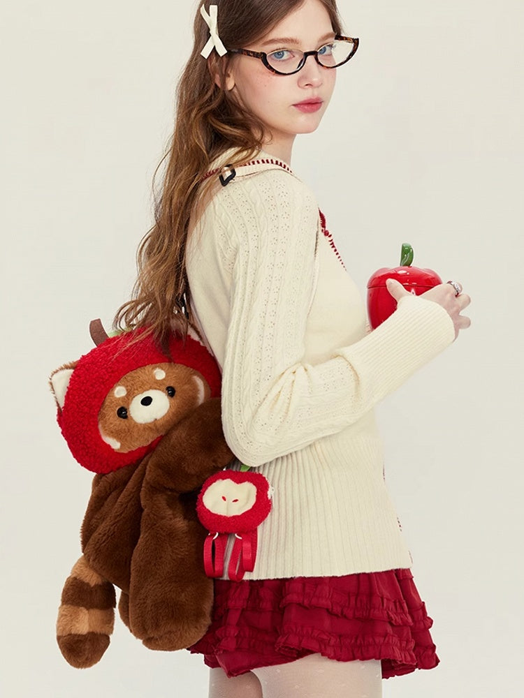 Cute Red Panda Brown 28/40 cm Plush Backpack/Crossbody Bag + Apple Hat + Red Panda/Apple Keychain