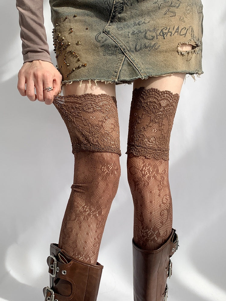 Gray/White/Brown/Blue/Black Lace Trim Hollow-out Design Over-knee Stockings