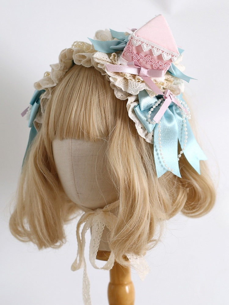 Pink&Blue Sweet Lolita Beaded Decorated Bowknot Details Ruffled Hairband