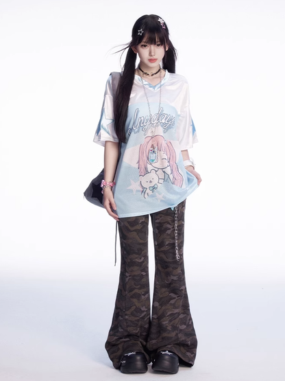 Blue and White Colorblock Design V-Neck Cartoon Girl Print Loose T-shirt