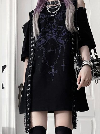 Black&Purple Emo Punk Cutout Shoulder Design T-shirt