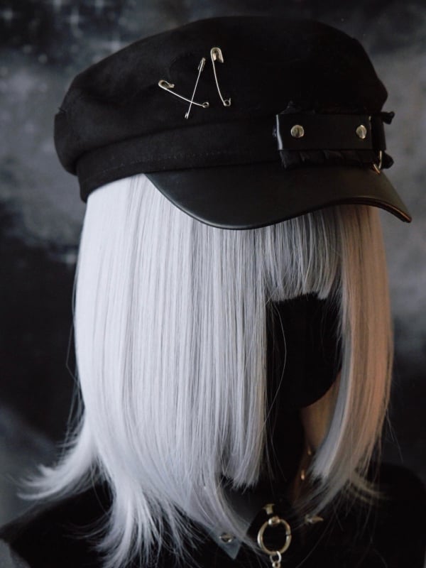 Black Gothic Pin Decorated Ruffled Trim Beret Hat