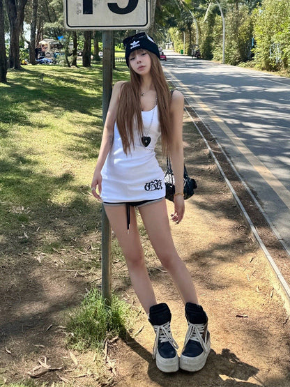 Midi Length White Racerback Tank Top with Gothic Script Print