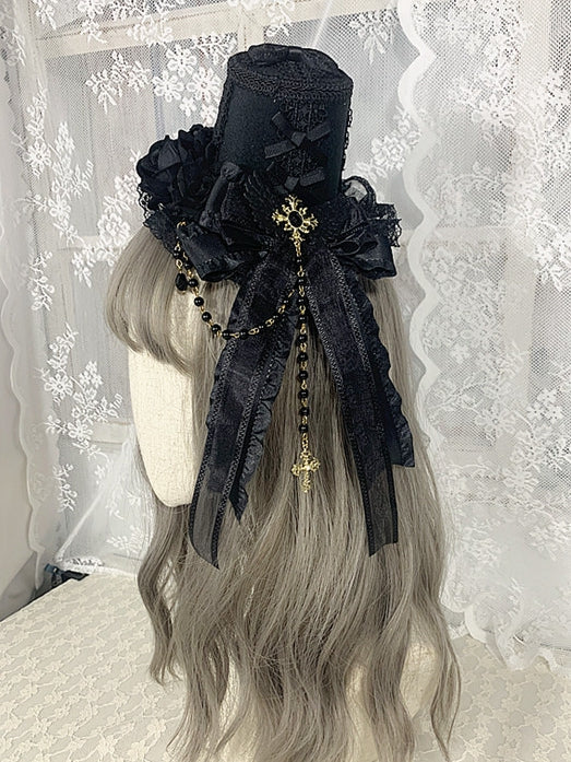Cross Chains Gothic Black Floral Design Gorgeous Bowknots Mini Hat