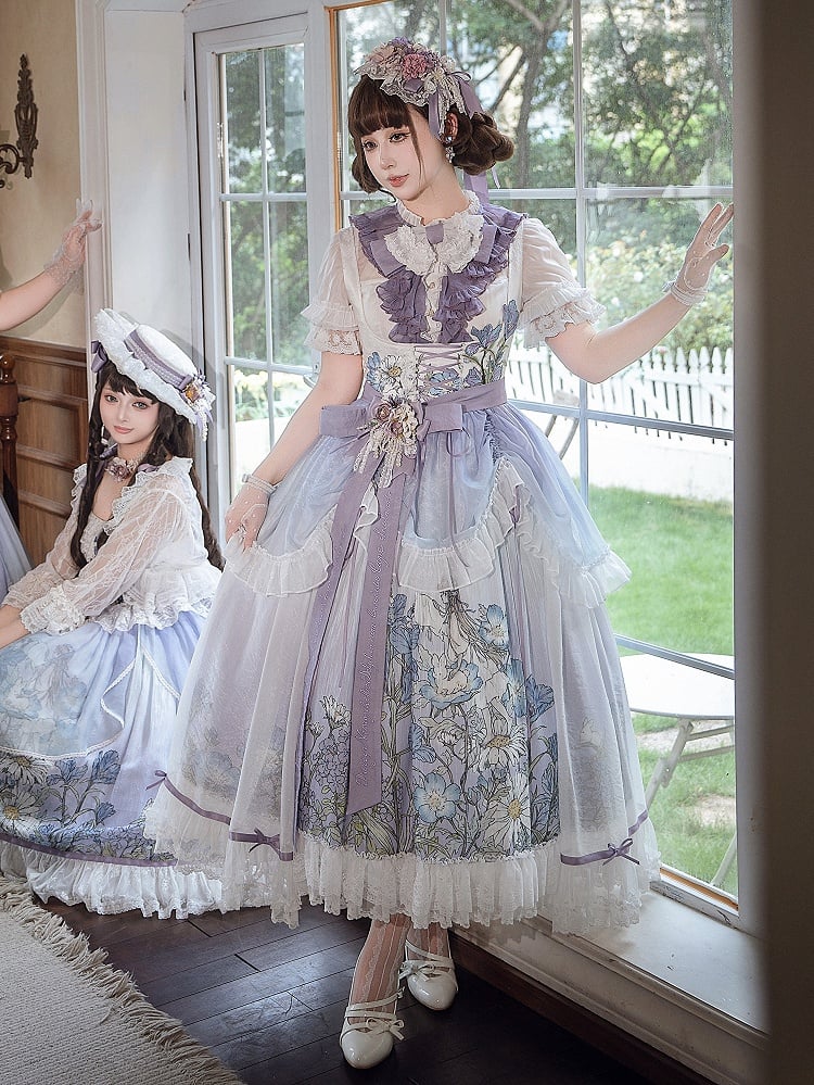 Plus Sizes Available Floral Print Under Bust Elegant Classic Lolita Jumper Skirt