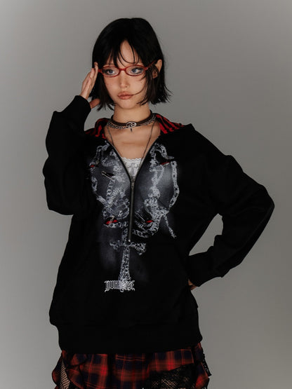Y2K Black Distressed Holes Pin Accents Graphic Hoodie Faux Two-pieces