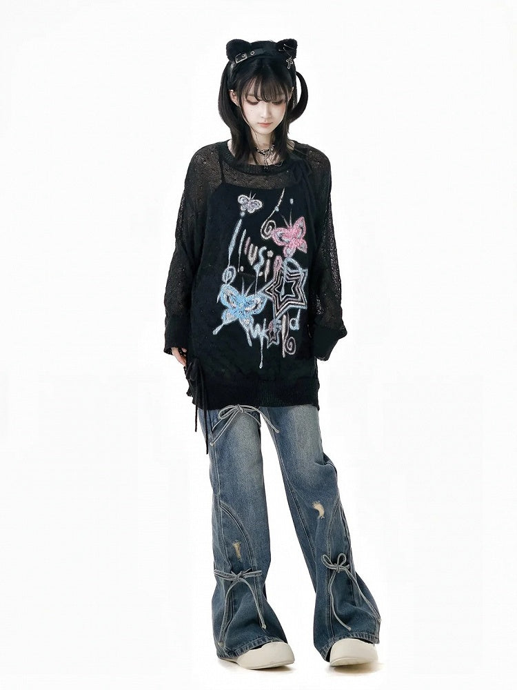 Light Blue Faded Wash Distressed Holes Bow Accents Flared Jeans