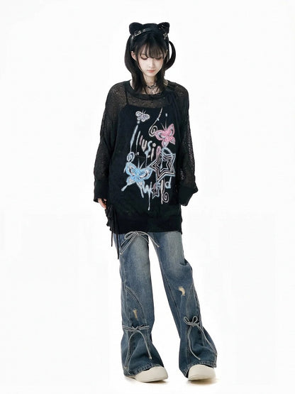 Light Blue Faded Wash Distressed Holes Bow Accents Flared Jeans