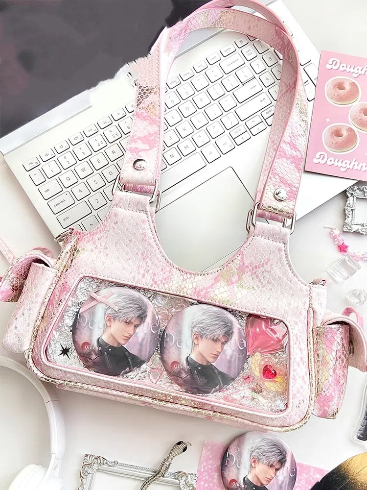 Pink 2 Ways Spicy Girl Style Daily Ita Bag with Bowknot & Snakeskin Embossing