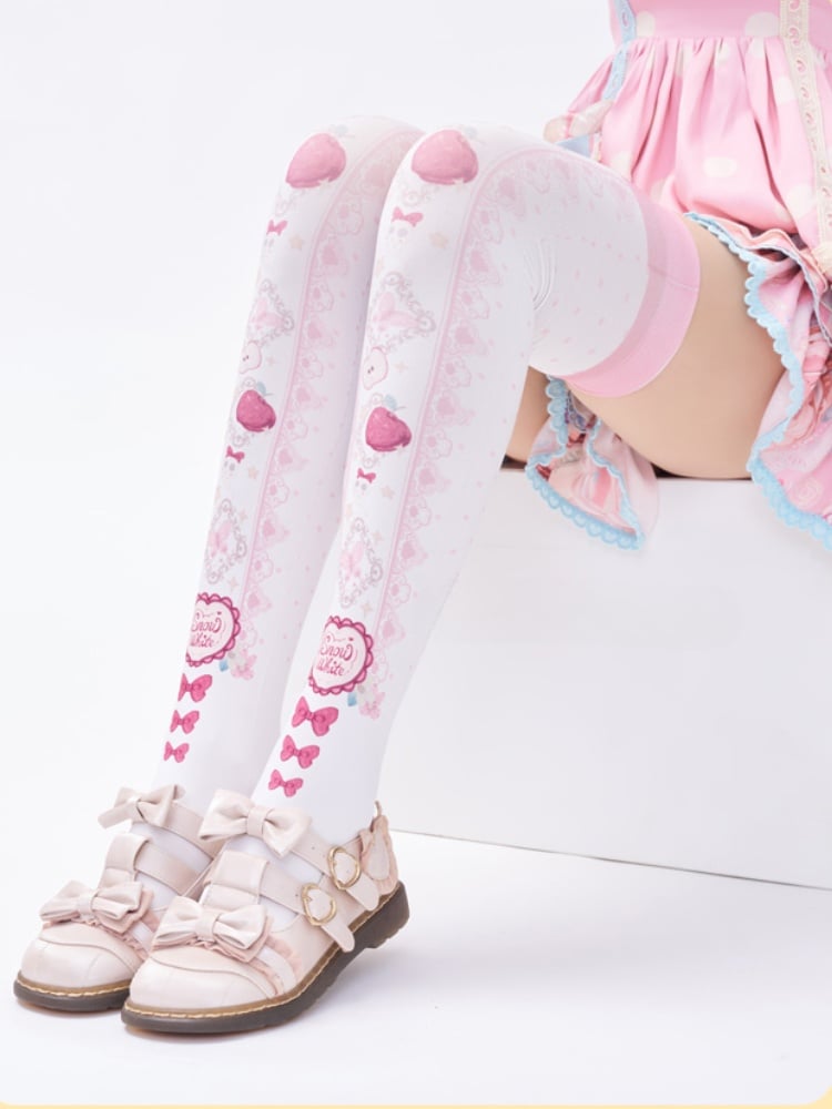 Red Apple and Bow Print Over Knee Stockings