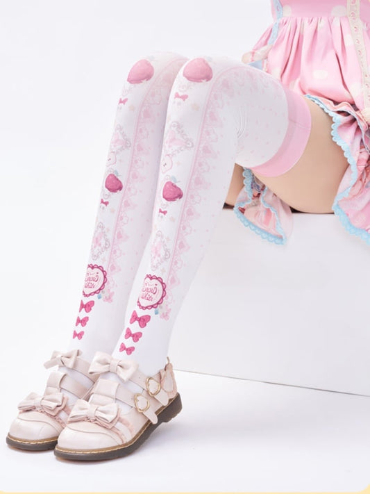 Red Apple and Bow Print Over Knee Stockings