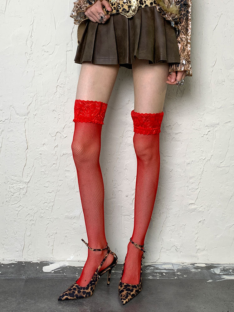 Red Lace Trim Fishnet Overknee Stockings