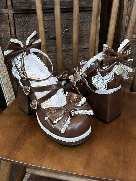 Brown Crisscross Design Heart Buckles Detachable Bow at Top High Block Heels