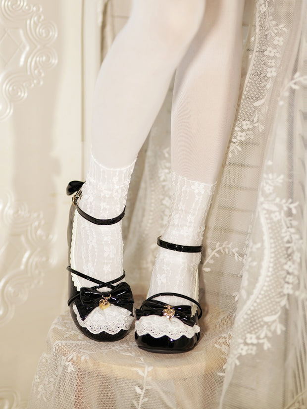 Black Heart Charm Bow at Top Lace Trim Crisscross Design Lolita Shoes