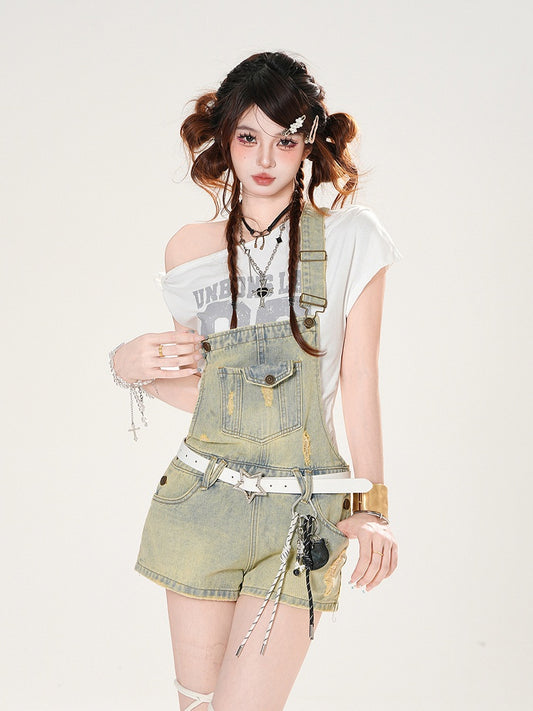 Blue Faded Wash Distressed Holes Denim Overalls Wide-leg Shorts
