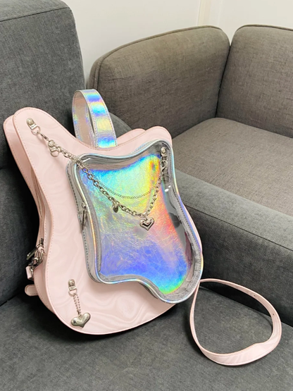 Dreamy 2-Way Y2K Style Cute Pink Guitar-Shaped Ita Bag With Heart Chain Accents