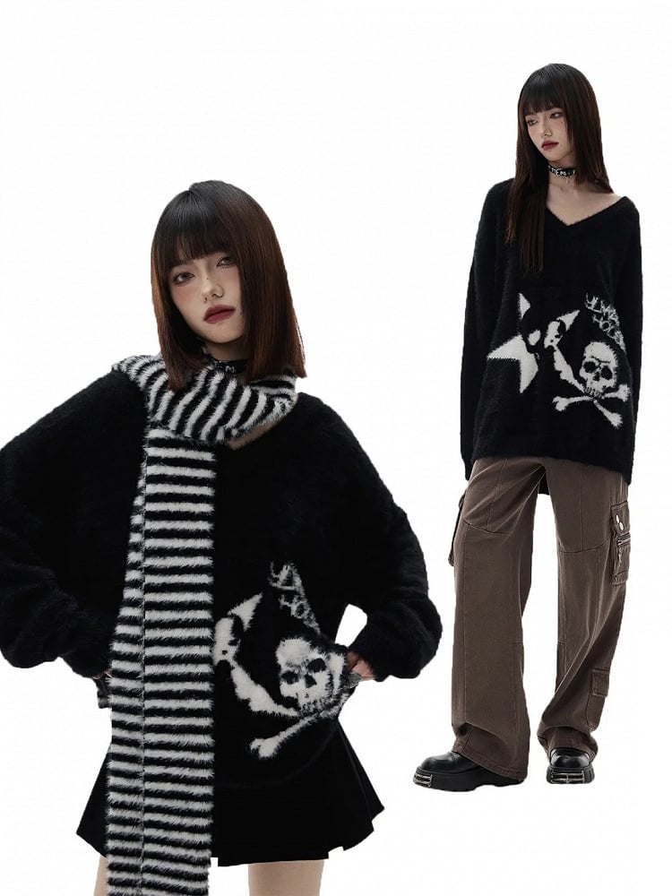 Black Punk Skeleton V-neck Oversized Sweater / Black and White Striped Scarf