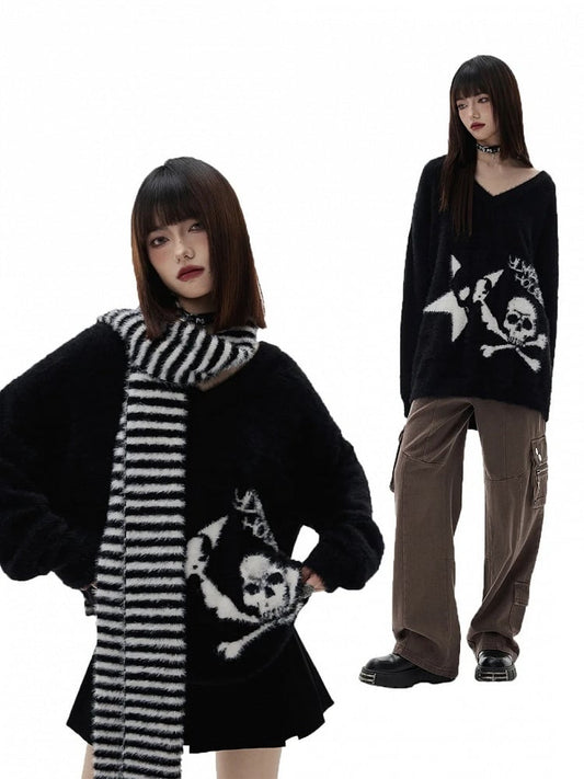 Black Punk Skeleton V-neck Oversized Sweater / Black and White Striped Scarf