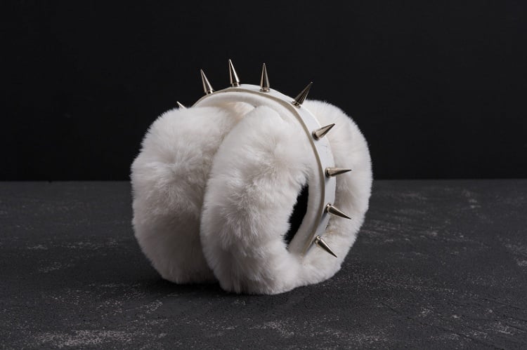 White Handmade PU Studded Plush Earmuffs