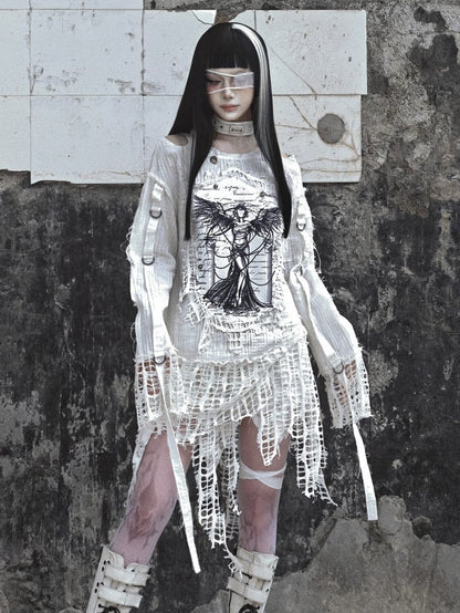 White Angel Print Cutout Shoulders Punk Oversize Sweat Shirt