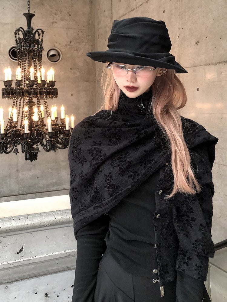 Gothic Asymmetrical Button-Up Top with Detachable Flocked Lace Cape