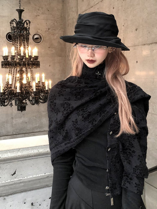 Gothic Asymmetrical Button-Up Top with Detachable Flocked Lace Cape