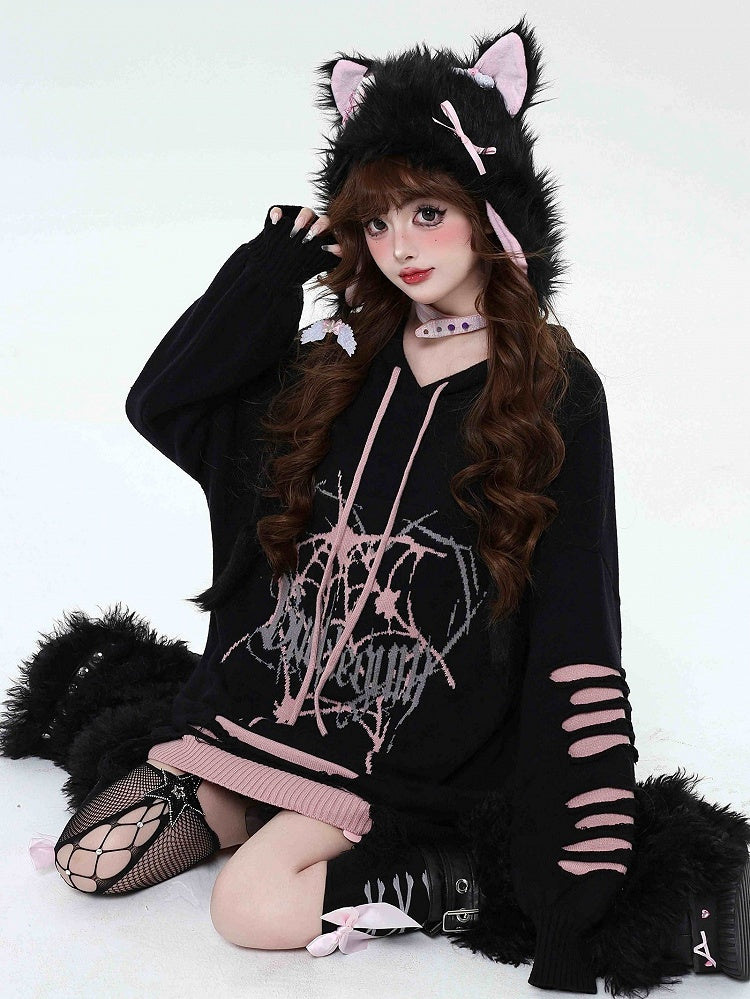 Black and Pink Gothic Spiderweb Distressed Holes Hooded Sweater