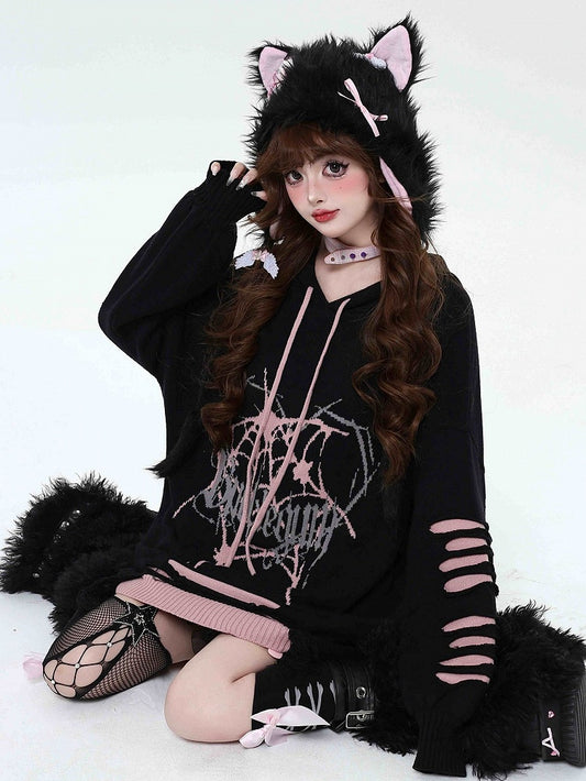 Black and Pink Gothic Spiderweb Distressed Holes Hooded Sweater