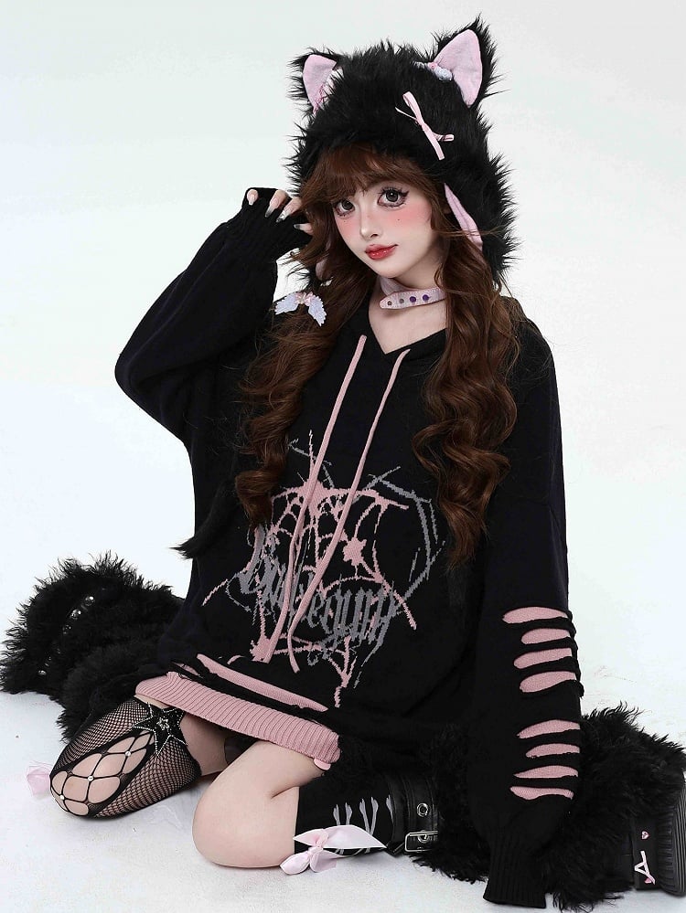 Black and Pink Gothic Spiderweb Distressed Holes Hooded Sweater