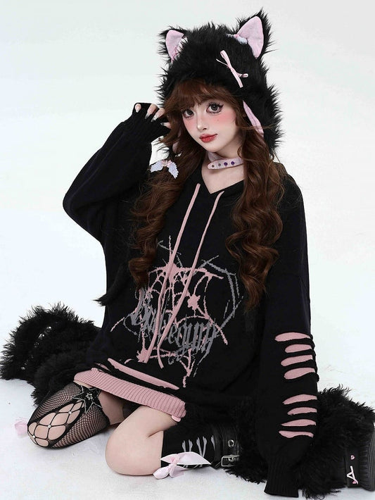Black and Pink Gothic Spiderweb Distressed Holes Hooded Sweater