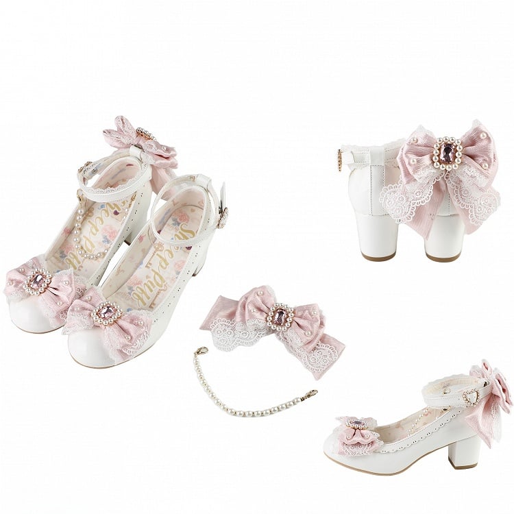 White&Pink Beaded And Rhinestone Decorated Bow at Top Lace Trim Mary Janes With Detachable Beaded Chain