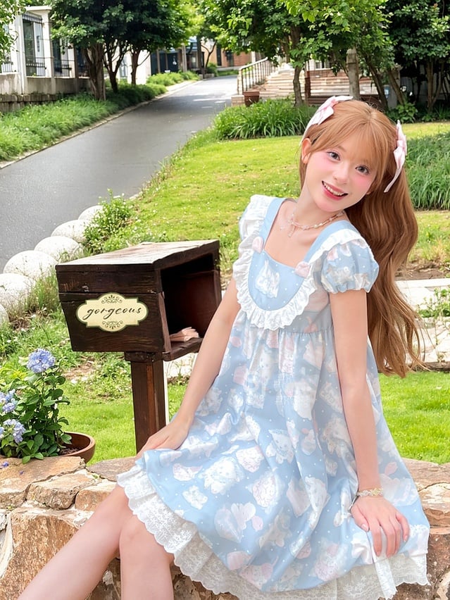 Blue Square Neck Puff Sleeve Adorable Lamb Print Sweet Lolita Dress